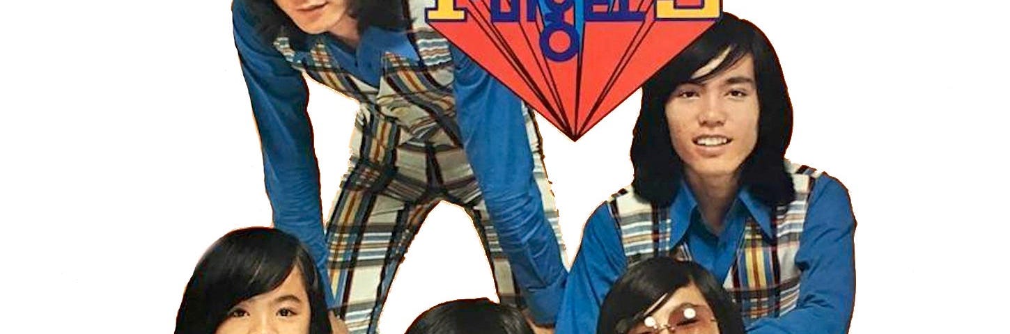 Cropped image of Finger 5’s ‘First Album’ with group members wearing blue or yellow collared shirts and plaid, color coordinated overalls.