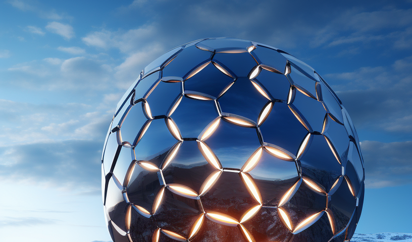 Hyper — modern dodecahedron structure, architectural visualization, cool moonlight shimmering on the geometric surface, industrial aesthetic, archviz, 32K UHD by Hanzo