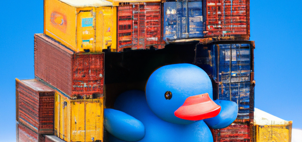 A blue duck sitting in a tiny duck house made from shipping containers