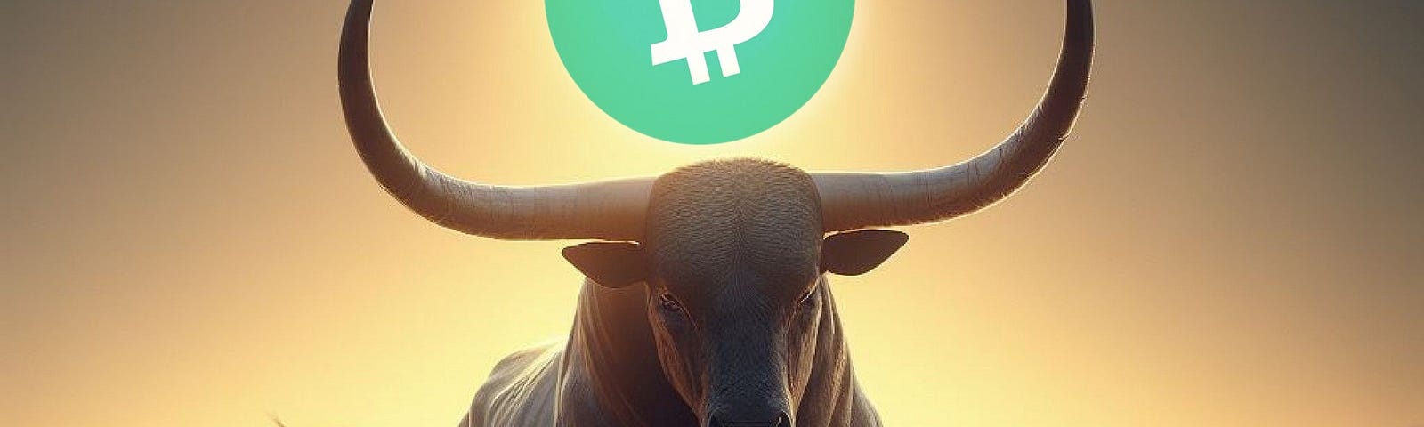 A large, muscular bull in a dynamic pose as if it is charging or running. It is set against a golden field with the lighting suggesting either dawn or dusk, giving the environment a warm glow. The bull’s horns are long and curve upwards. In place of where the bull’s head would typically be, there is a large, green circle featuring the Bitcoin logo in white. The Bitcoin Cash symbol lines through it. The overall scene has an illustrative or digital art quality to it. (description by visionati)