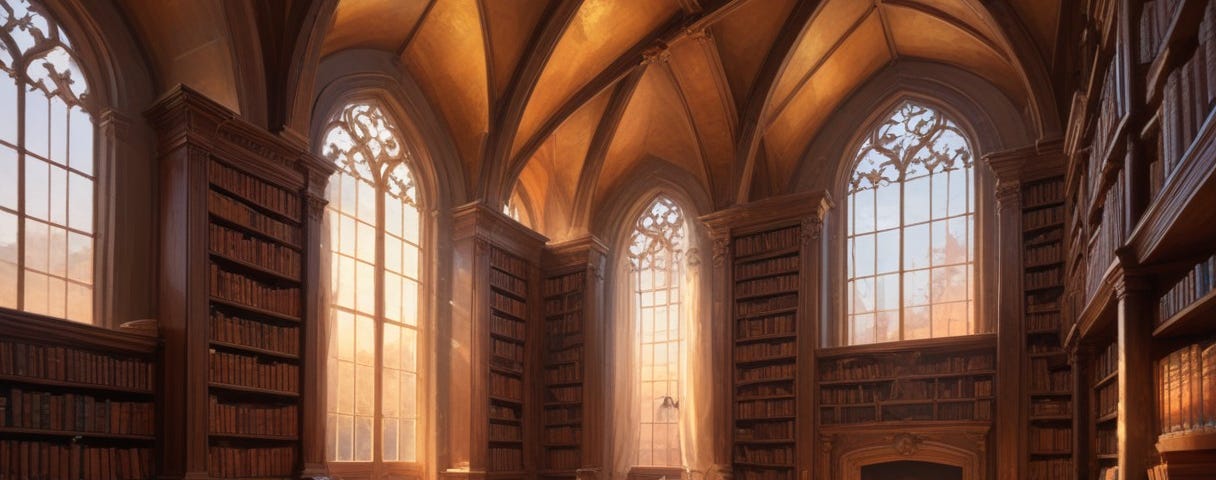 a magical library, ancient tomes, wooden floors, high shelves, mysterious light