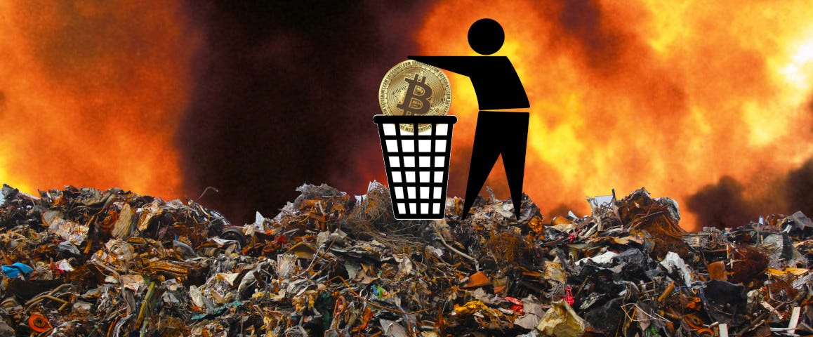 A mountain of garbage beneath a sky of flames and smoke. Atop the garbage is a ‘do not litter’ icon of a human figure putting waste in a trashcan. The waste has been replaced by a glittering gold Bitcoin logo. Image: U.S. Fish and Wildlife Service Headquarters (modified) https://www.flickr.com/photos/usfwshq/8598791096/ CC BY 2.0: https://creativecommons.org/licenses/by/2.0/