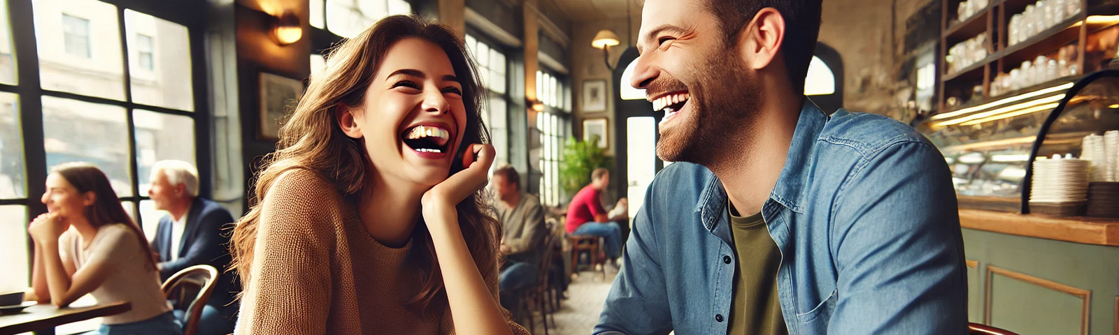 Couple Sharing a Laugh on a Date: A happy couple laughing together at a café, showing genuine connection and appreciation.