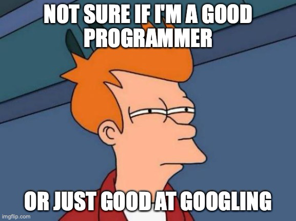 Meme: Suspicious Fry saying “Not sure if I’m a good programmer or just good at googling”.