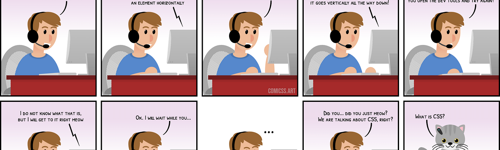 Cartoon of a person wearing a headset in front of a computer, replyng to a phone call. The conversation is about how the caller is having issues when translating an element horizontally, it moves fine, then drops to the bottom rapidly. The technical support person asks the caller to open the dev tools and look for other animations. The caller replies ‘I will do it right meow’ shocking the technical support, who asks ‘are we talking about CSS?’ The last panel is a drawing of a cat pushing a glas
