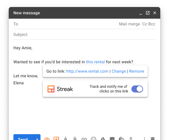 Gmail email compose window showing Streak’s link tracking toggle UI