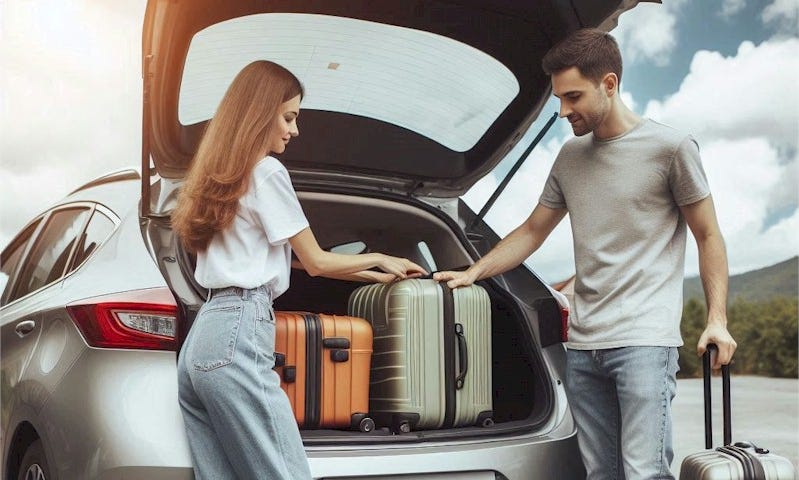 A man and a woman packing a car with suitcases