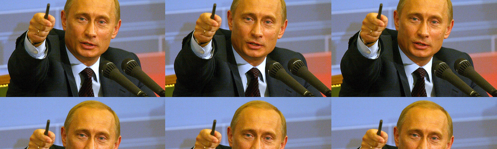 Constructed image of six repeat images, six photos stacked in a grid, two rows of three images each, all the same photo of Vladimir Putin pointing with a pen in his hand, extending his arm out in front of him and up into the air like he’s stabbing something or pointing ‘onward’ (or exuberantly pointing to a reporter in the back of the room, enjoying his celebrity), while he is seated at a table, in front of microphones. Original photo from the kremlin.ru