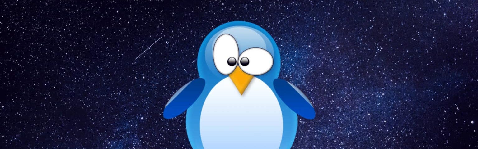 blue penguin winking on a outer spacefilled with stars background