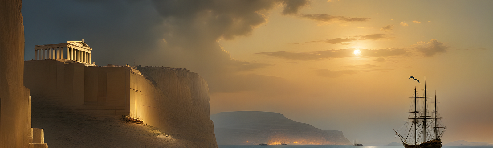 An ancient Greek sunset scene with a ship, sea, cliffs, and a temple high up