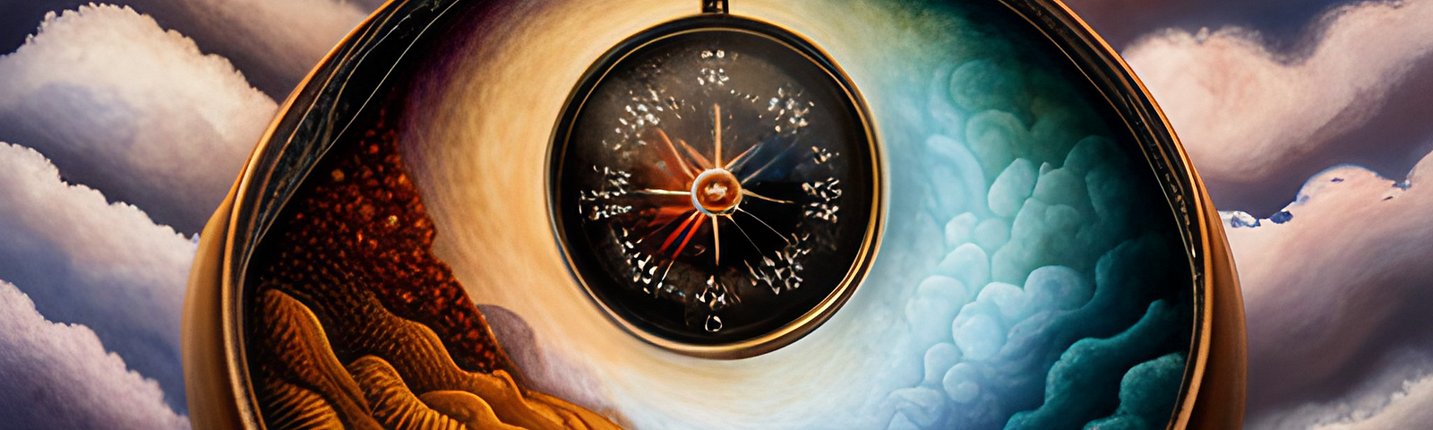 a surrealistic painting of a compass in the clouds with a landscape of brown hills and blue water below. Words in the water — “decoding your why”