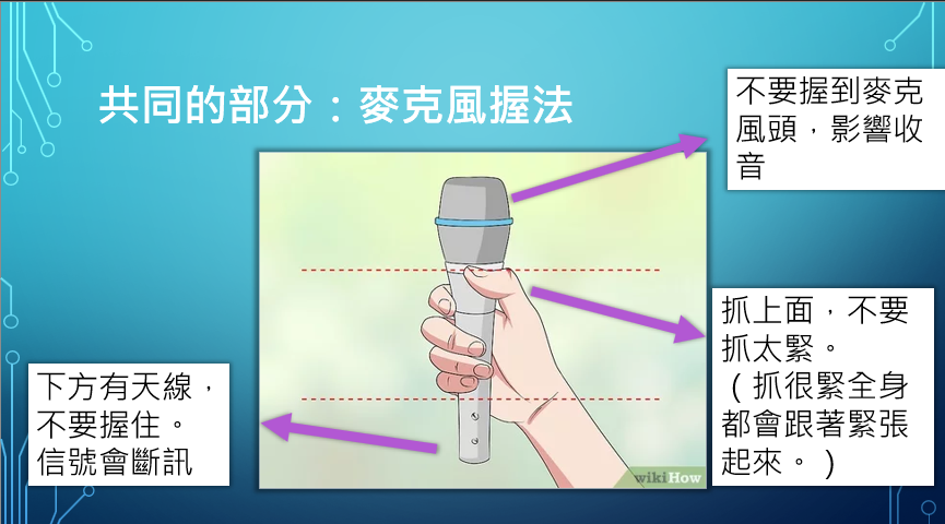 麥克風握住音頭下的部分，不要握太緊。