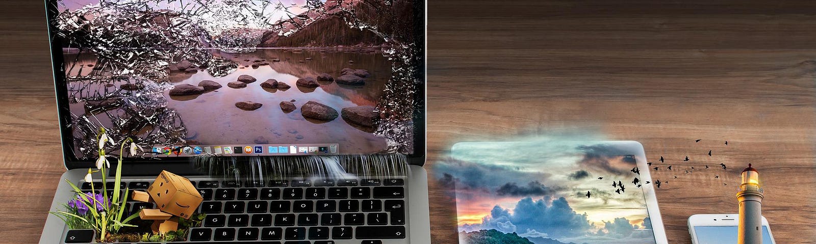A MacBook, an iPad and an iPhone next to each other and the screens flow coastline scenery that overflows the edges of the devices forming a surrealistic but beautiful flow.