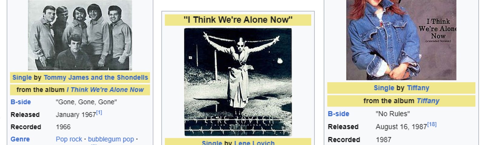 Author’s collage of the headline graphics for the three main versions of the song “I Think We’re Alone Now” from the songs Wikipedia page