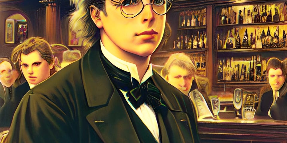 Color illustration of Irish poet William Butler Yeats seated in an Irish pub. Created by Frank Moone using Dream.AI