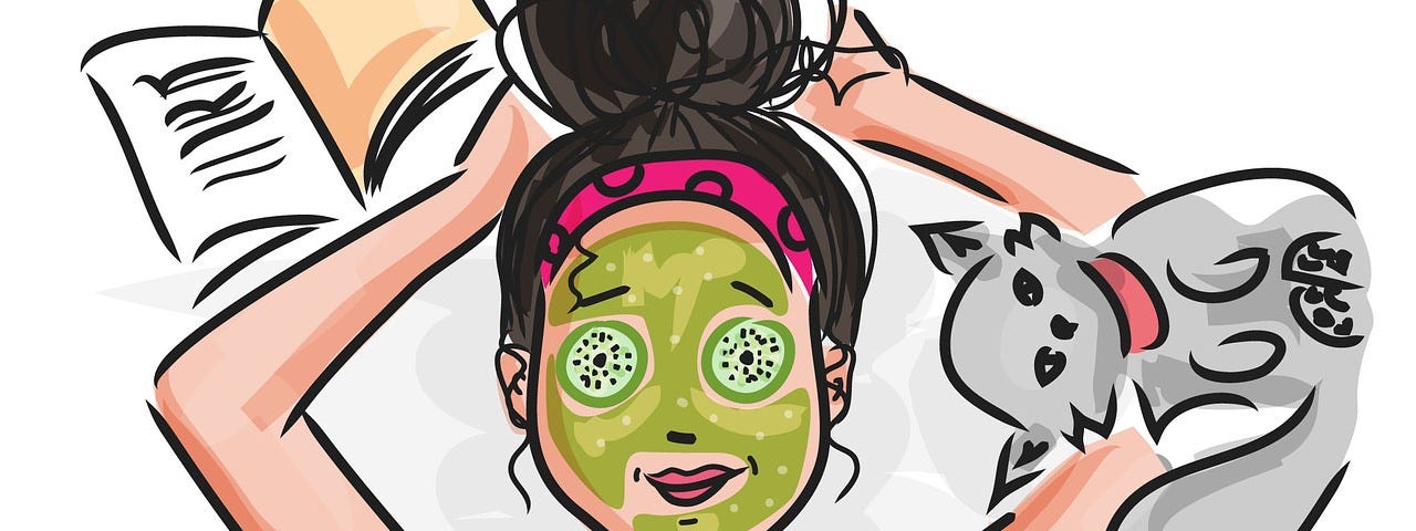 Graphic against white background of a white mom — cucumbers over her eyes, green mask, smiling, black hair in a messy bun that she’s touching with her arms, grey cat flying over her left arm and an open book on her right arm, pen falling on viewer’s left and pink cup falling on viewer’s right. She’s wearing a black tee-shirt that says “Rad Mom” in white letters.