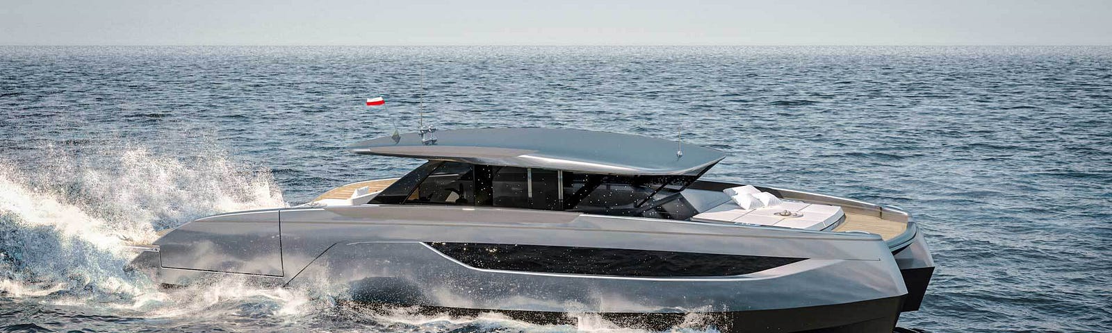 looking off the starboard side of the 55 Open Sunreef Power hybrid yacht as it cruises out on the open water.