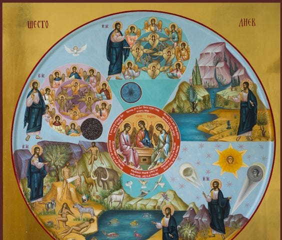 Orthodox Christian Icon with many scenes of Christ creating, Angels, earth and seas, celestial bodies, animals, Adam and Eve, and then having ascended still wearing our human nature.