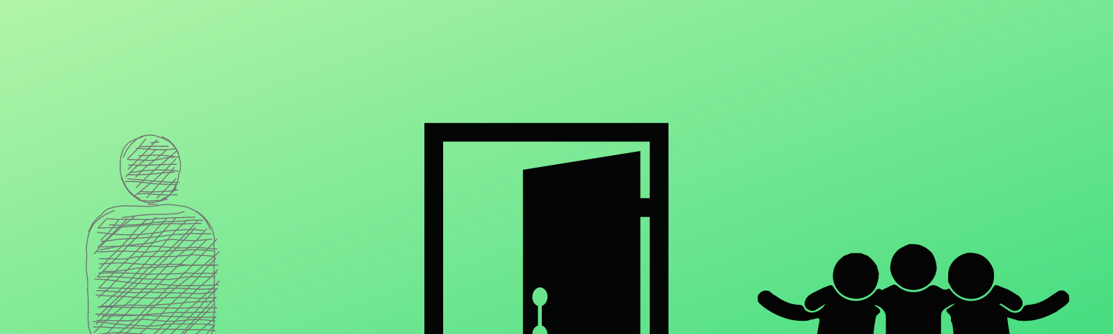 Lime green gradient with illustrations of open door separating a crowd of happy black stick figures from a crosshatch gray stick figure to represent aro flag colors