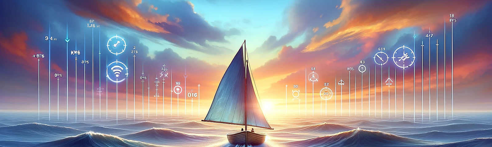 A serene ocean landscape at sunrise with a small, sturdy sailboat navigating calm waters, symbolizing a marketer’s journey guided by Key Performance Indicators (KPIs) in digital marketing.