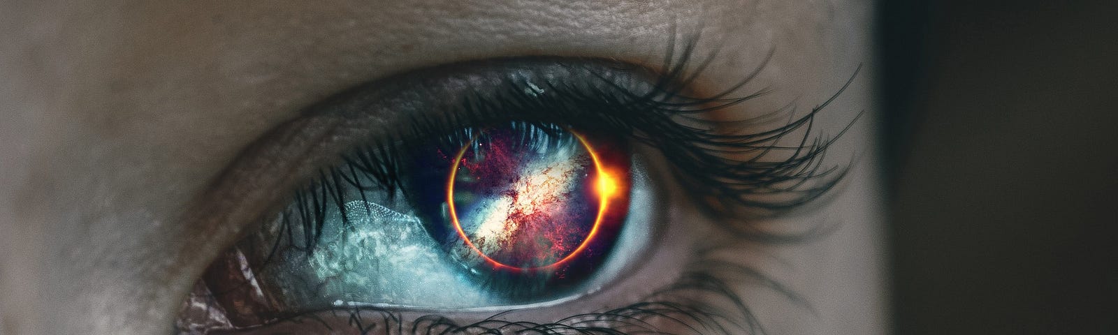A woman’s eye with a sun-like circle of orange light in it.