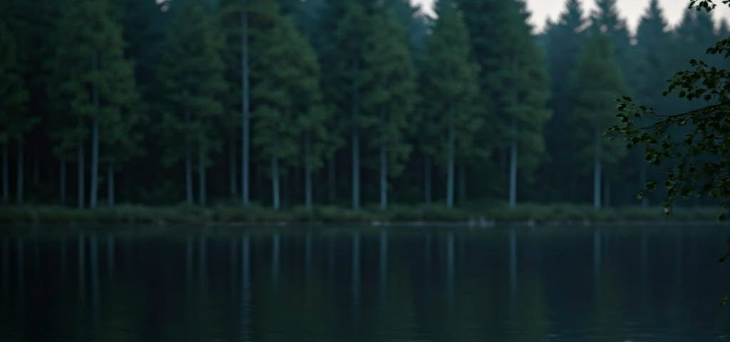 A woman sitting on a dock, facing a lake surrounded by trees, with her back to the camera