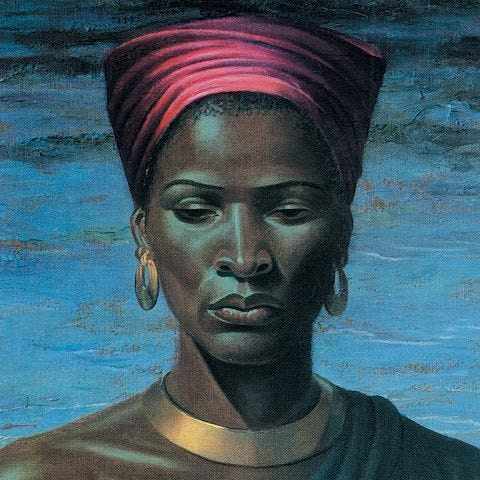 Portrait of a striking black woman with green and blue hues prominent. Her hair is in a scarfed updo. She wears gold; stoic.