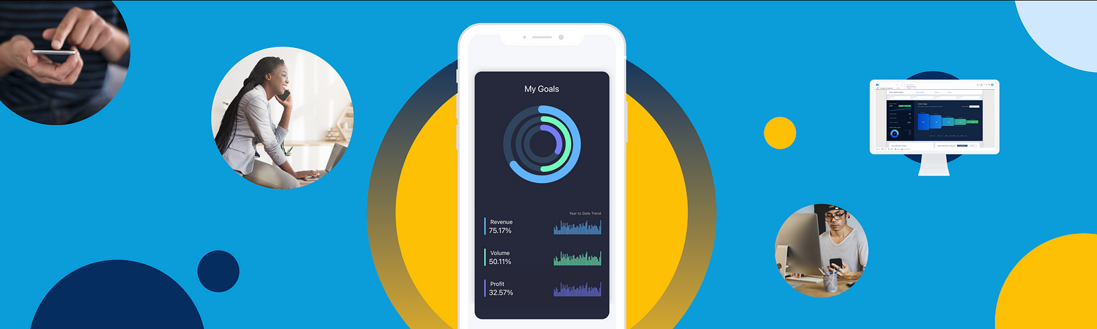 Simple graph on mobile analytics app on blue background. Employees talking on phone, checking info on computer, and sample analytics screen highlighted in circles in background.