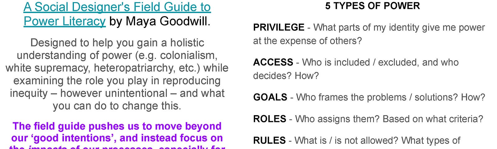 A slide from Teri’s PowerPoint demonstration about “Checks and Balances” which recommends the book A Social Designer’s Field Guide to Power Literacy by Maya Goodwill.
