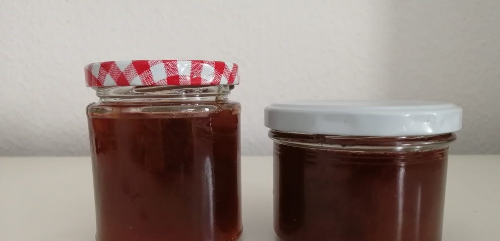 Two jars of rhubarb & vanilla jam