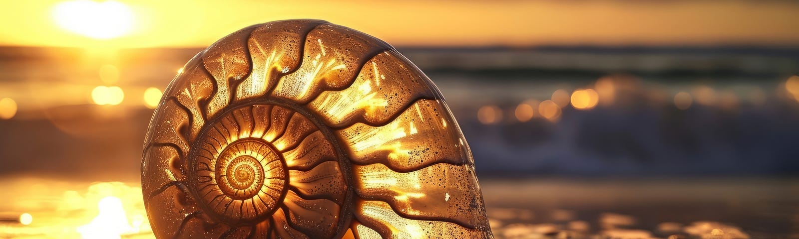 A golden nautilus shell glowing with the light of sunset on a wet reflective beach.