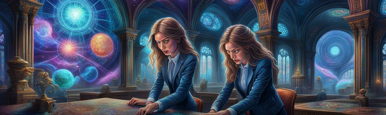 Image: AI Generated exclusively for Cheryl Evans, Business Witch Academy, “Summoning Success on a Budget: Unveiling the business Wizardry of the Fractional Executive”. Image of 2 women in suits working at a table.