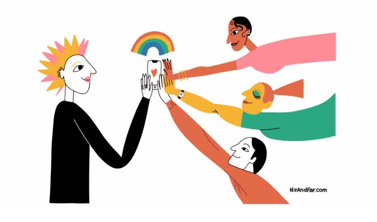 Illustration of people reaching towards a smartphone with a rainbow over the smartphone to represent LGBTQ youth.