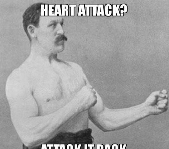 Old time pugilist in boxing stance meme with words “heart attack? Attack it back”