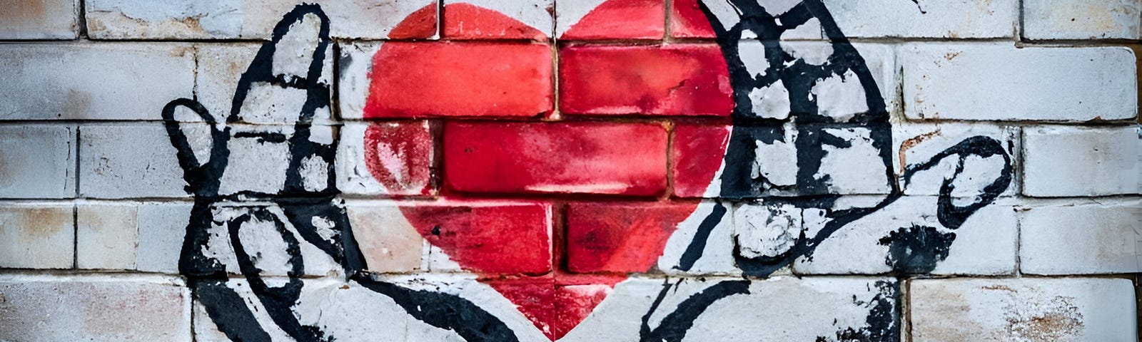 Graffiti on a brick wall with a red heart shape between an outline drawing of hands enfolding the heart.