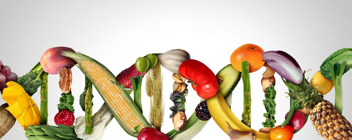 Fruits and vegetables symbolize a DNA strand symbol. The image represents the importance of these foods in preventing cancer.
