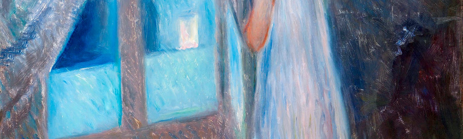 Impressionisitc paiting of woman in white gown at window casting blue evening light into dark room.