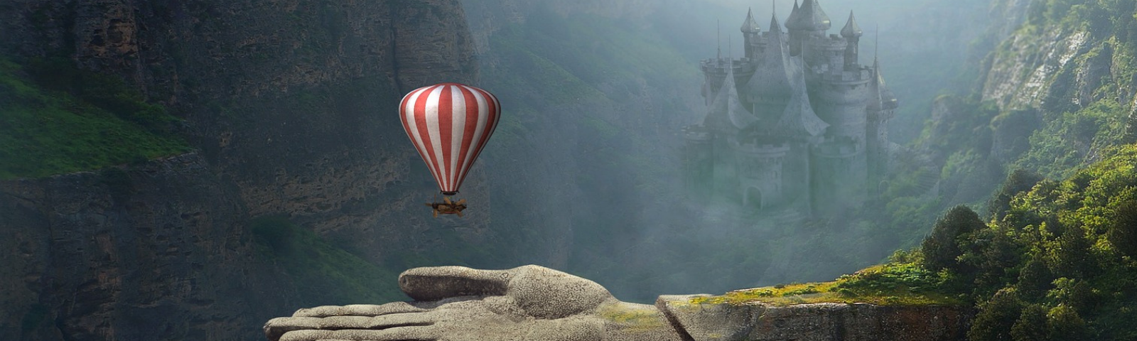 Hot air balloon landing on giant stone hand - ”Welcome New Writers” by “Arthur G. Hernandez”
