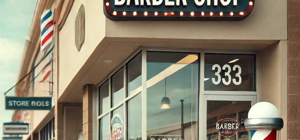 I refuse to pay $25 for a haircut. A picture of a barber shop in a strip mall.