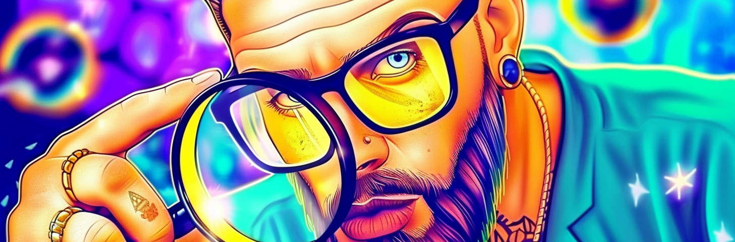 Master Crypto Investing: 9 Essential Qualitative Factors You Can’t Overlook Learn How to Evaluate Quality Crypto Projects Like a Pro! AI image created on midjourney v6 by henrique centieiro and bee lee, a man with tattoo and beard holding up a magnifier