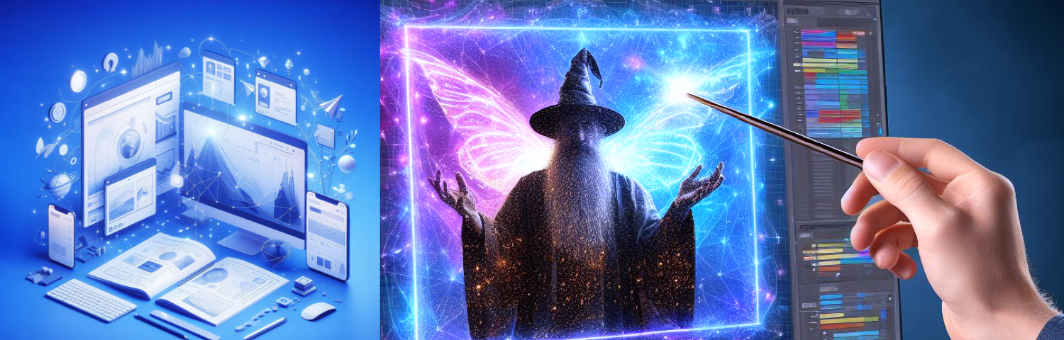A person waving a wand at a computer screen displaying an AI wizard that helps them to create landing page mockups. Photo-illustration.