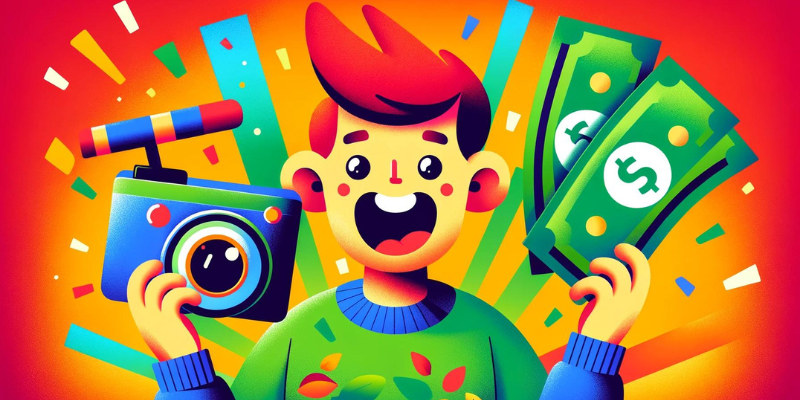 Cartoon man holding a camera and money — Save Thousands With My New AI Video Money Method