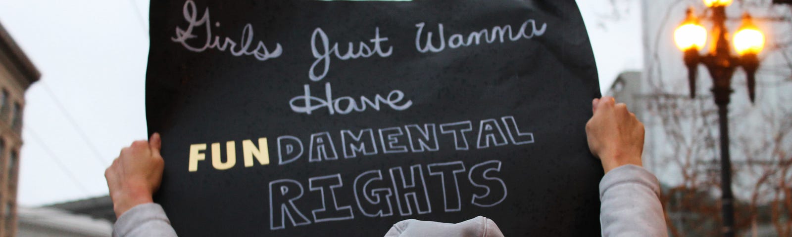 Figure in hoodie holding up a “Girls just wanna have fundamental rights” sign