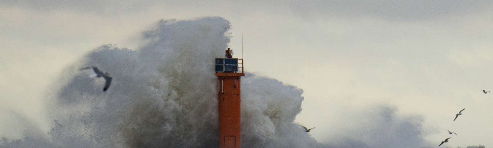 A massive wave crashes against a lighthouse during a storm, engulfing the structure with spray and foam while seabirds fly around, scattered by the wind