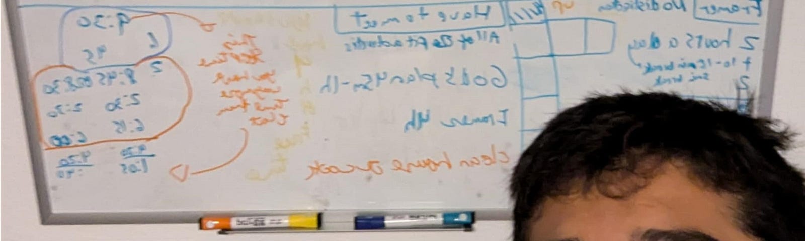 A tired teenager with a whiteboard full of things on how to get his life together.