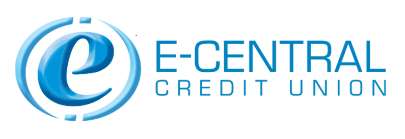 E-Central Credit Union logo in blue (broken circle enclosed letter ‘e’)