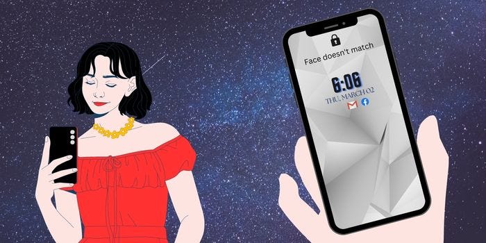 illustration of a woman trying to unlock her phone using facial recognition