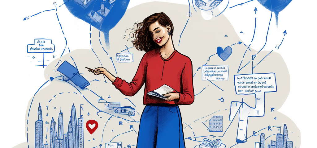 A woman standing in front of a web of buildings and hearts, intended to represent emotions and the customer experience journey.