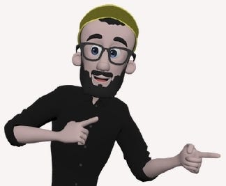 Animation type image of a black bearded man with glasses and a yellow cap pointing at his left.