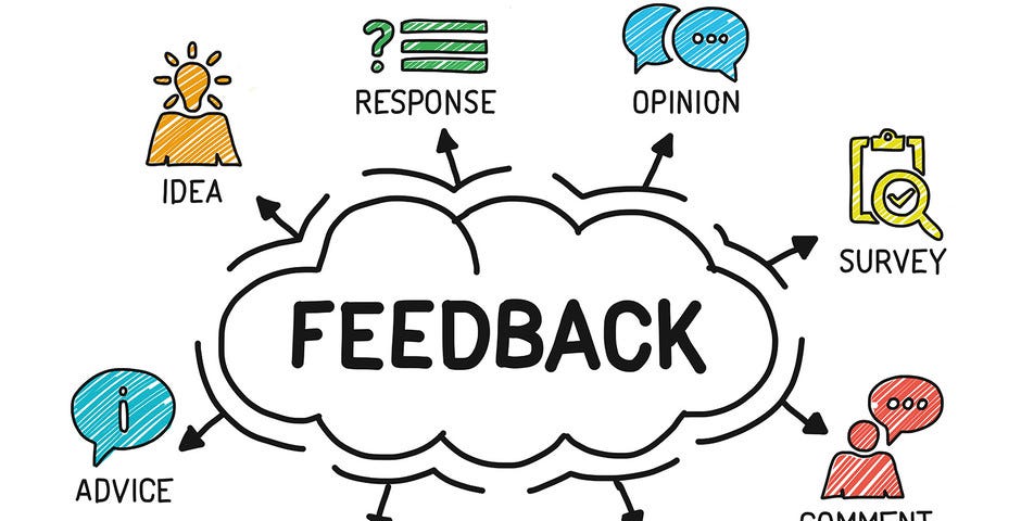 A picture showing feedback highlighted; with rating, comment, survey, opinion, response, idea and advice as ways to get it